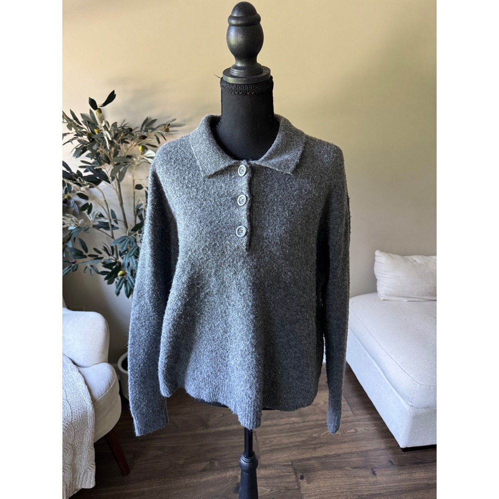 Universal Thread Gray Polo Sweater Long Sleeve Button Collar Knit Top Large